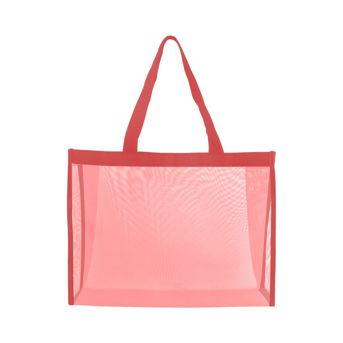 A transparent mesh tote bag with a red frame and straps. The bag features an open design without visible contents.