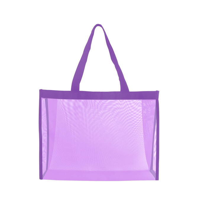 A purple transparent mesh tote bag with sturdy handles, featuring a simple design and no visible branding.