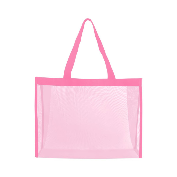 A pink transparent mesh tote bag with two handles and a roomy design, featuring a logo on one side.