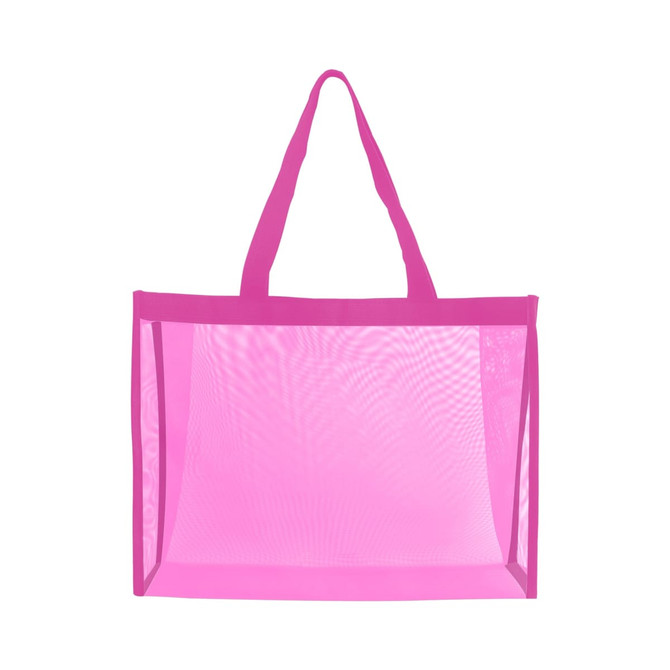 A pink transparent mesh tote bag with two handles, featuring an open design and no visible contents.