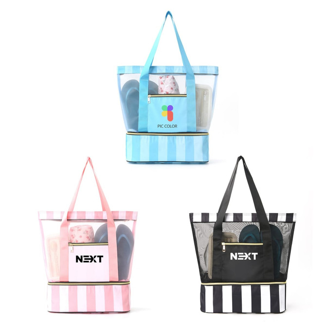 Three mesh beach tote bags in pink striped, black striped, and clear with a logo, featuring visible contents inside.