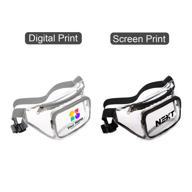 A clear fanny pack with adjustable straps, featuring two designs: one with a logo and another with a blank space for customisation.