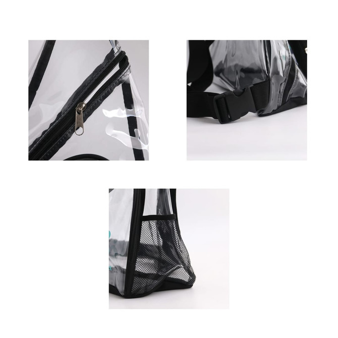 A clear PVC sling bag features a black zip, adjustable strap, and mesh pocket on the side.