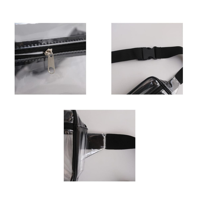 A clear fanny pack featuring a zip closure, adjustable black strap, and multiple angles highlighting its design.
