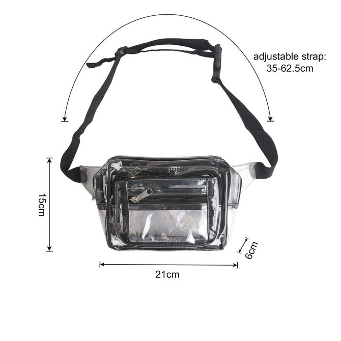 A transparent multi-layer waist bag with black accents and an adjustable strap, featuring multiple zippered pockets.