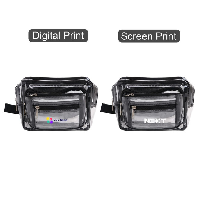 A multi-layer transparent waist bag in black, featuring two zippered compartments and a logo on each side.