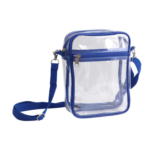A clear crossbody tote bag with a blue zipper closure and an adjustable blue strap. Features a logo on the front.