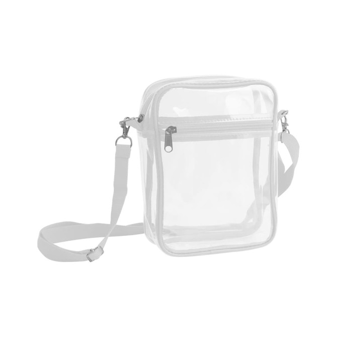 A clear crossbody tote bag with a zipper closure, featuring a detachable strap and a sleek, transparent design.