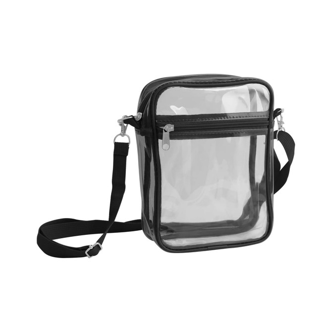 A clear tote bag with a black zipper closure and adjustable crossbody strap. Features a logo on the front.