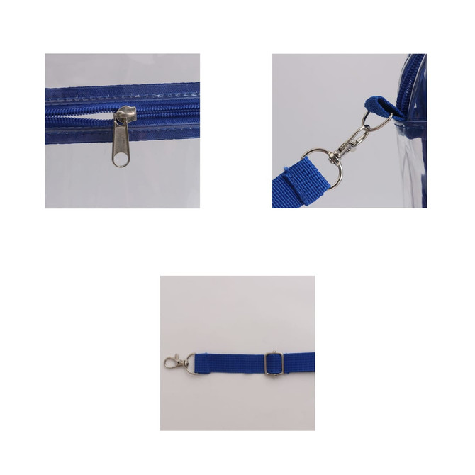 A clear tote bag with a blue zipper closure and adjustable blue crossbody strap, featuring metal clips.