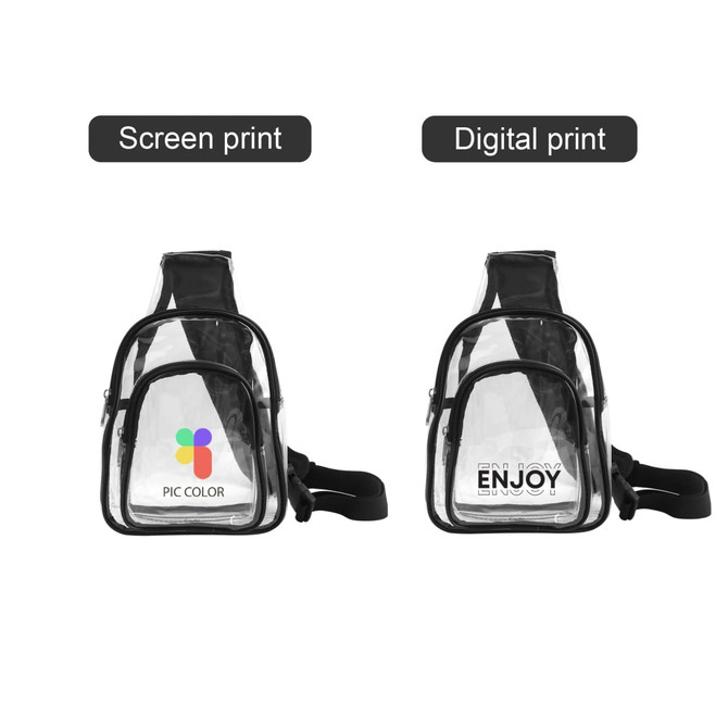 A clear PVC crossbody backpack with black straps, featuring two different printed designs on the front.