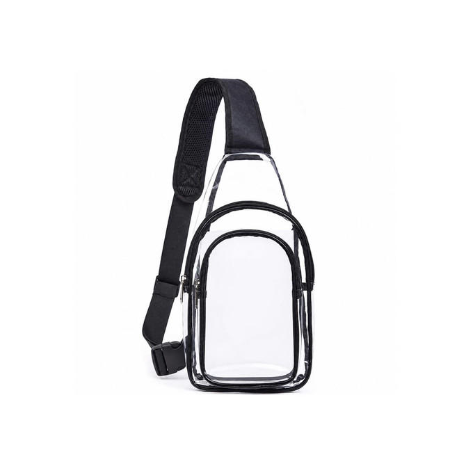 A clear PVC crossbody backpack with black accents and a single adjustable strap. Features a main compartment and smaller front pocket.