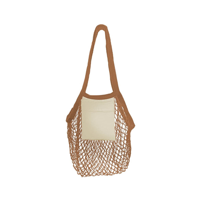 A mesh tote bag in brown with a solid cream pocket, featuring a handle for easy carrying.