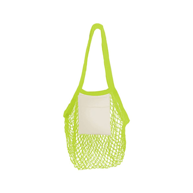 A mesh tote bag in vibrant lime green with a cream pocket and long straps. It includes a logo.