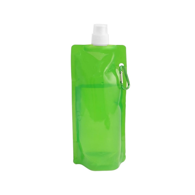 A drink bottle in a bright green colour with a spray nozzle and a carabiner attachment. It has a logo.