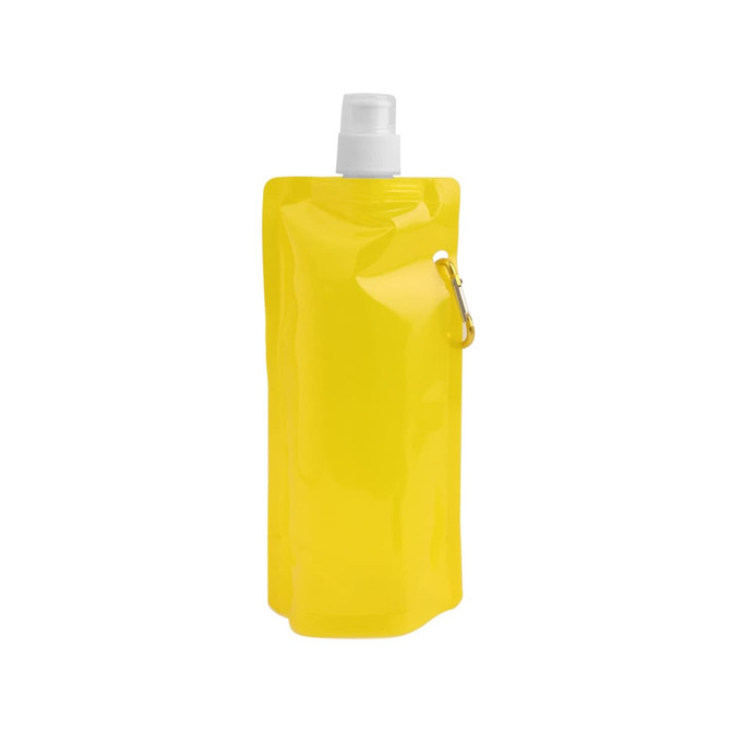 A drink bottle with a collapsible design, featuring a bright yellow body and a spray cap, includes a clip for attachment.