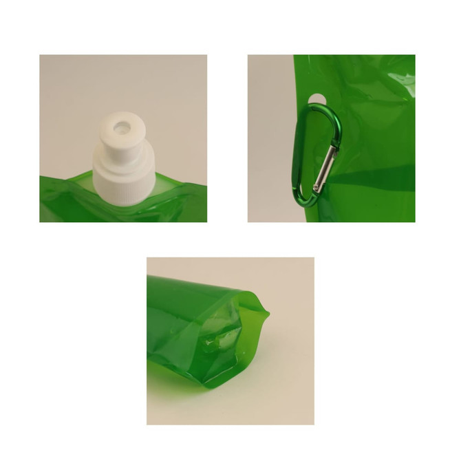 A green 480ml collapsible pouch with a white cap and a carabiner attachment.