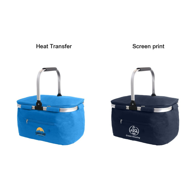 A blue picnic cooler basket and a navy cooler basket, both with handles and logos.