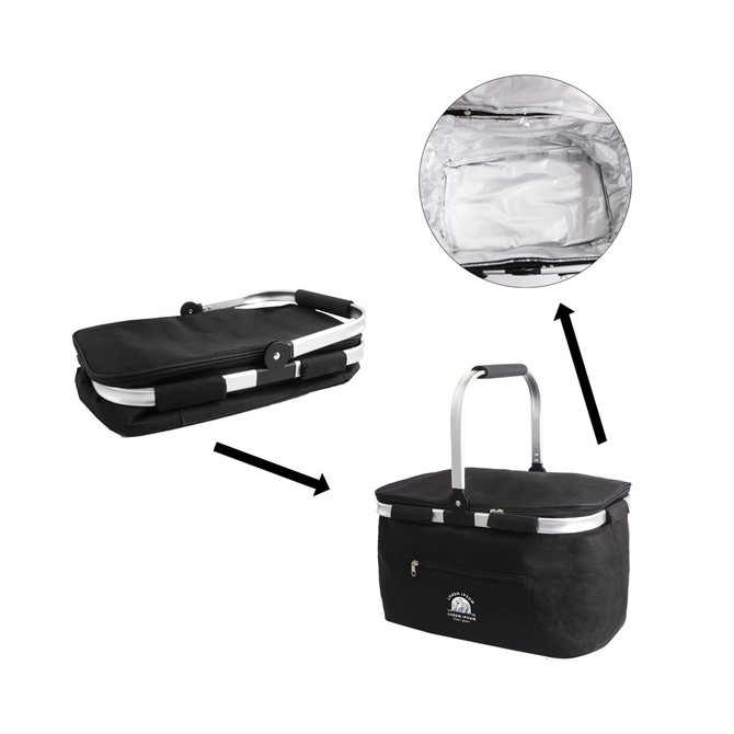 A black picnic cooler basket with a silver handle, featuring an insulated interior and a zippered outer pocket.