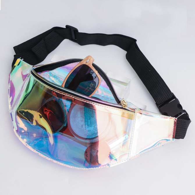 An iridescent waist bum bag with a black strap, featuring reflective panels and a zippered compartment.