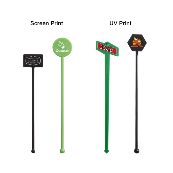 A selection of drink stirrers in various shapes and colours: black, green, and multi-coloured with branding.