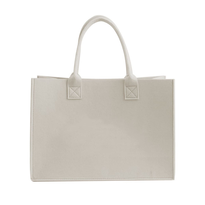 A customizable felt tote bag in a light beige colour with two handles, featuring a simple design and a logo.