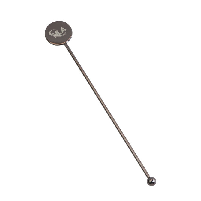 A stainless steel cocktail drink stirrer in silver, featuring a round top and a ball end, with a logo.