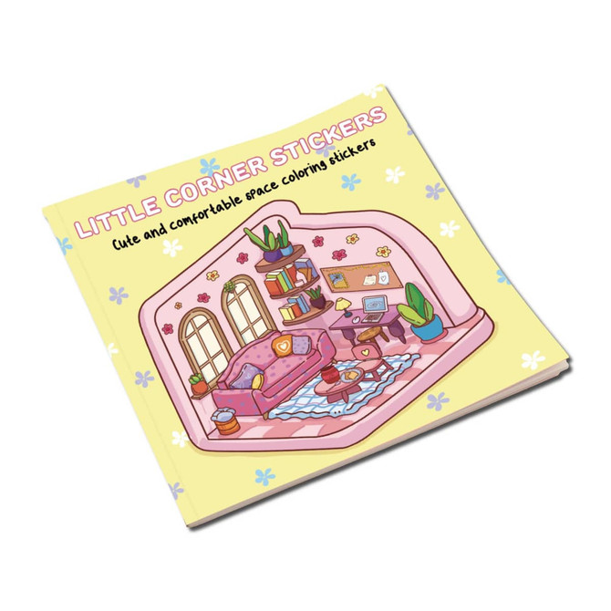 A 14x14cm colouring book featuring a cute interior illustration with pastel colours and a logo on the cover.