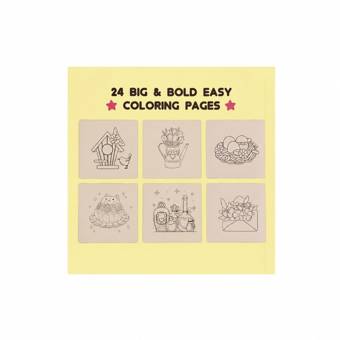 A collection of six bold outlines for colouring pages featuring a birdhouse, watering can, eggs, and flowers, on a yellow background.