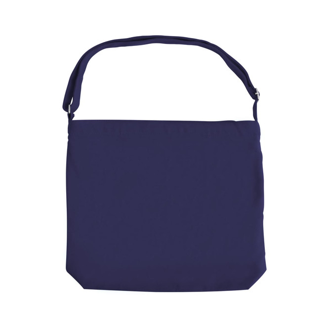 A navy canvas tote bag with a long strap and a simple design. It features a logo on the front.