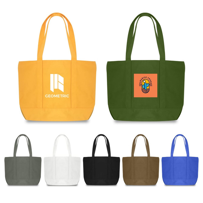 A collection of Canvas Zippered Tote Shoulder Bags in yellow, green, grey, white, black, and brown, featuring various logos.