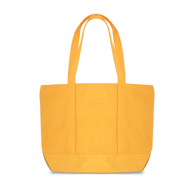 A yellow canvas zippered tote shoulder bag with two handles and a spacious design.