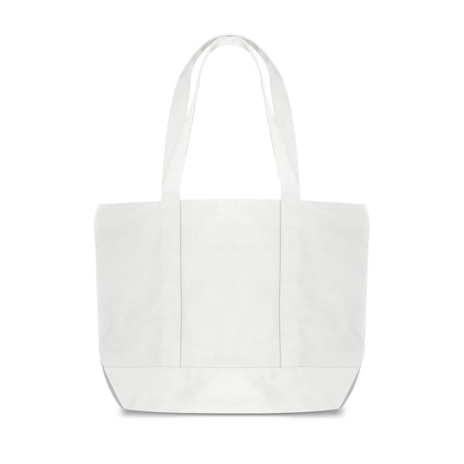 A white canvas zippered tote shoulder bag with two sturdy handles and a spacious interior, featuring a logo.