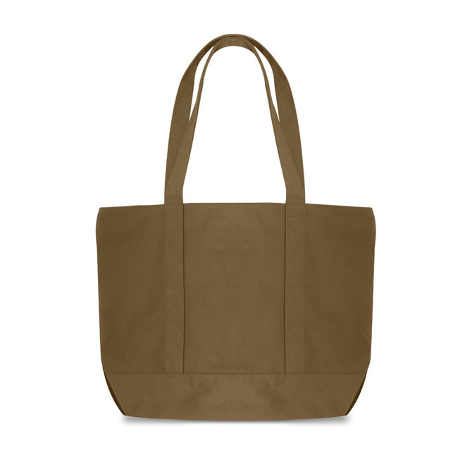 A brown canvas zippered tote shoulder bag with two sturdy handles. It features a logo on one side.