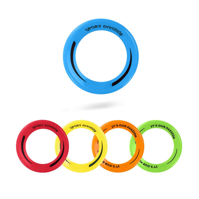 A set of four colourful flying discs in blue, red, yellow, and green, each with a logo.