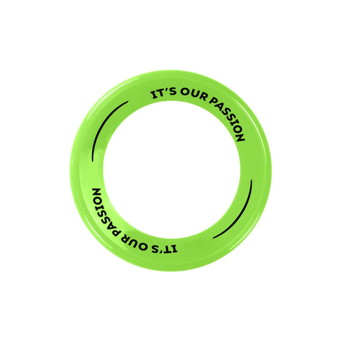 A green flyer with a circular shape and a logo, featuring text along the edge.