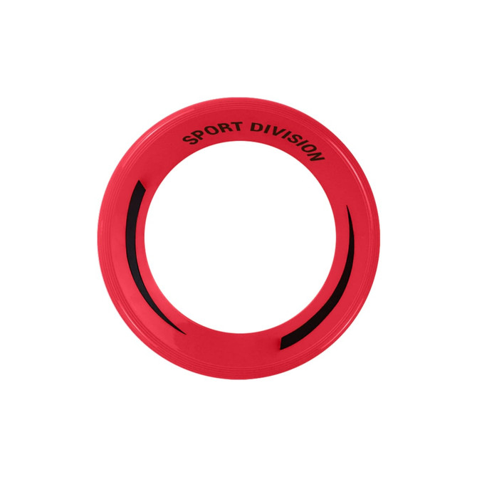 A red donut-shaped flyer with a black accent and a logo on the surface.