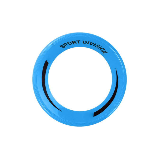 A blue flying disc with a black design and a logo on the surface.