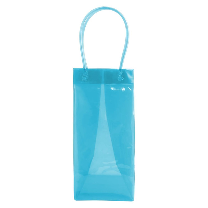 A PVC clear wine ice tote bag in a vibrant blue colour with two handles. It has a smooth, glossy finish and a logo.