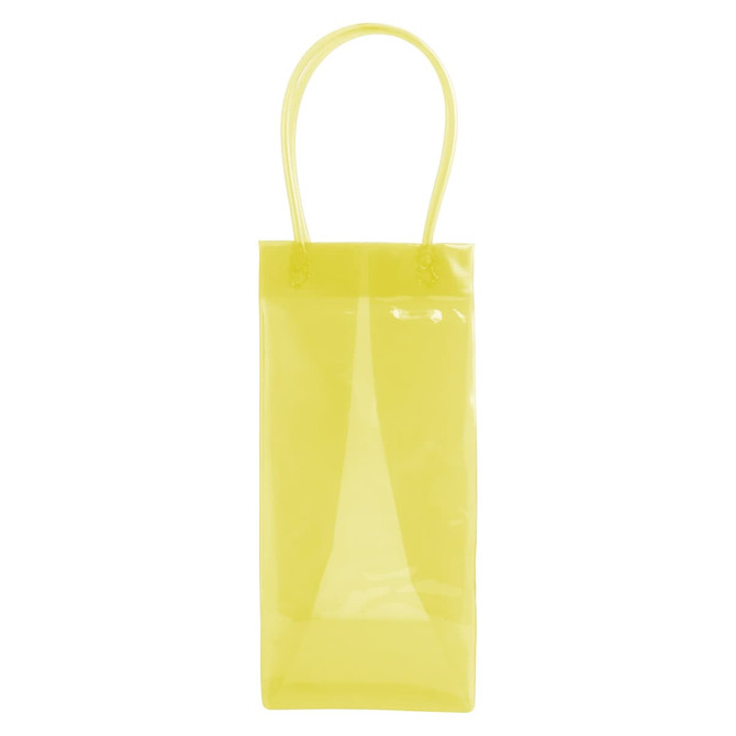 A PVC clear wine ice tote bag in bright yellow, featuring a handle and a transparent design.