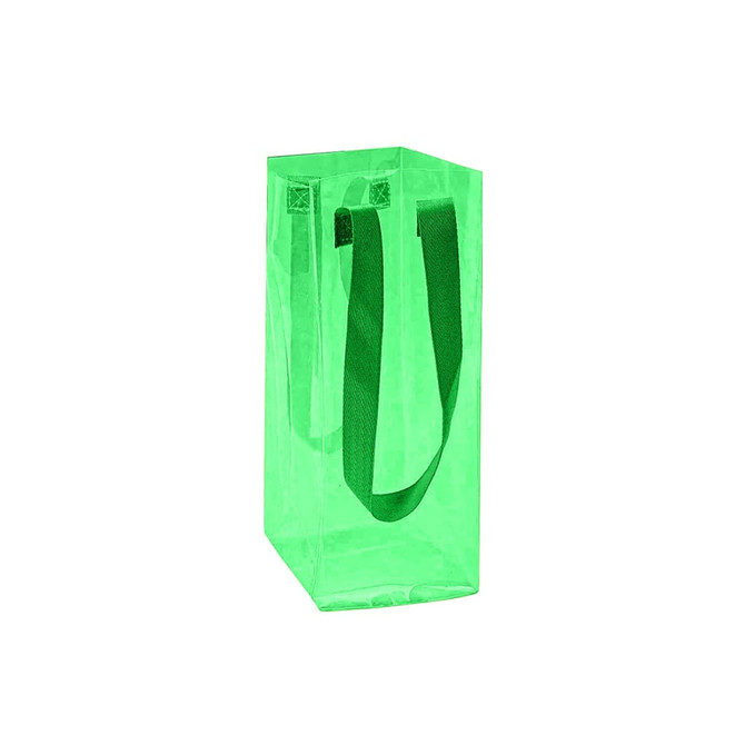 A clear green jelly wine ice bag featuring a textured surface and green fabric handles. It has a logo on one side.