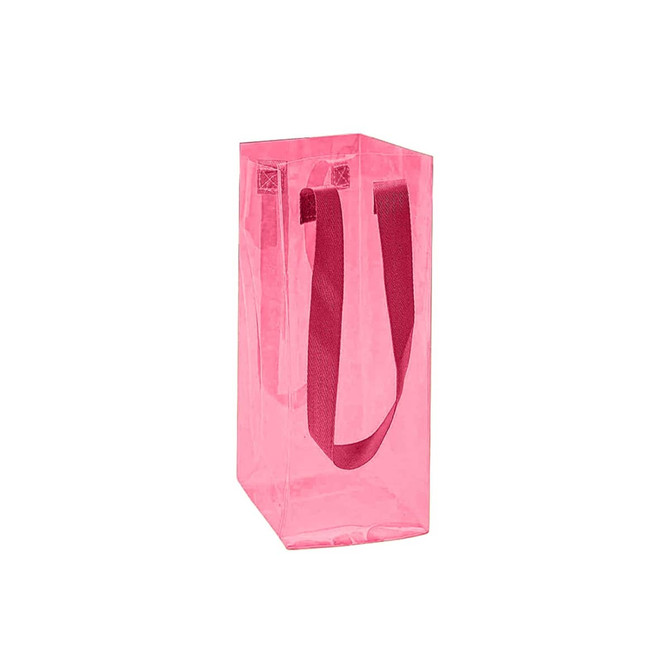 A pink clear jelly wine ice bag with red handles, featuring a simple design and a logo on the front.