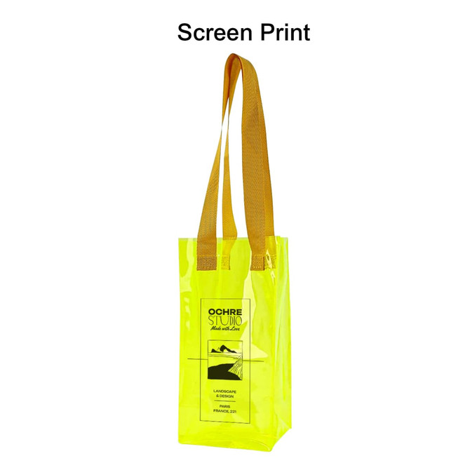 A clear jelly wine ice bag in bright yellow with yellow straps and a small logo on the front.