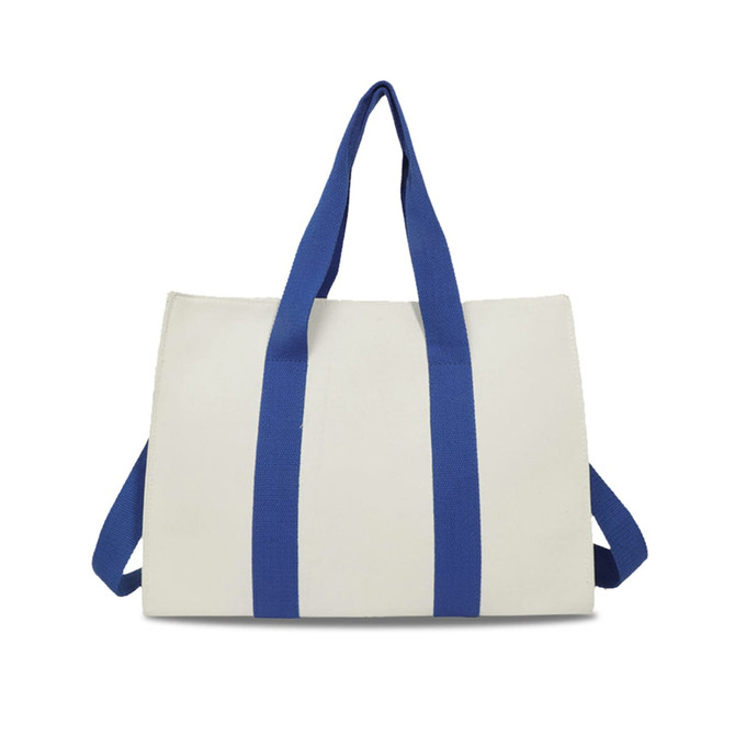 A light beige canvas grocery shopping bag with blue handles, featuring a simple design and a logo.