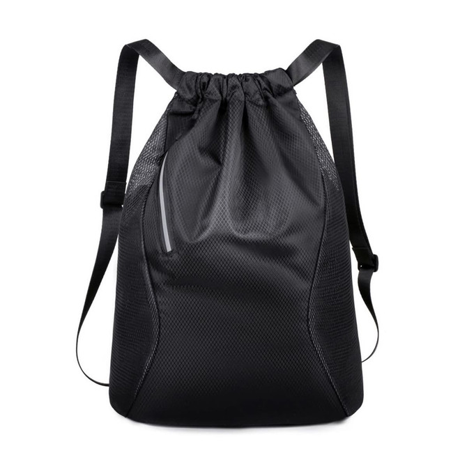 A black sports drawstring backpack with mesh sides and a sleek design, featuring adjustable straps and a logo.