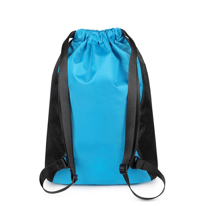 A blue sports drawstring backpack with black mesh side panels and adjustable straps. It features a branding logo.