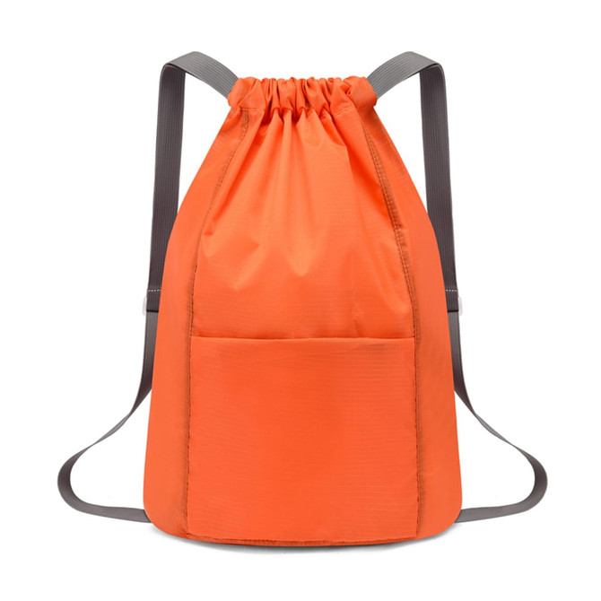 An orange drawstring backpack features adjustable straps and a front pocket. It includes a logo on the side.