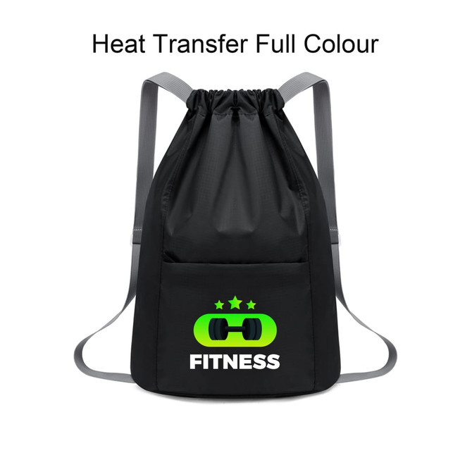 A black drawstring backpack with a green and white graphic logo and grey straps. It features a front pocket.