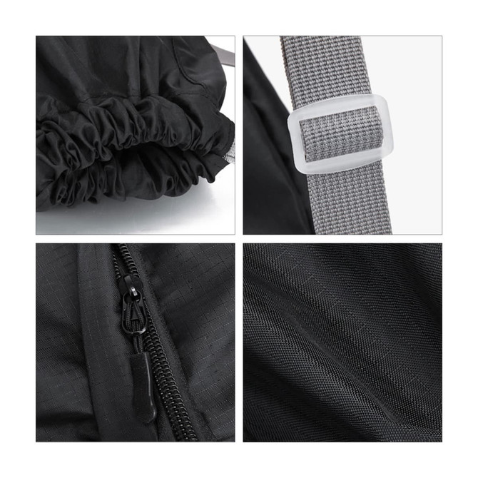 A black bucket drawstring backpack featuring a cinched top, grey strap, and detailed zippers. It includes a logo.