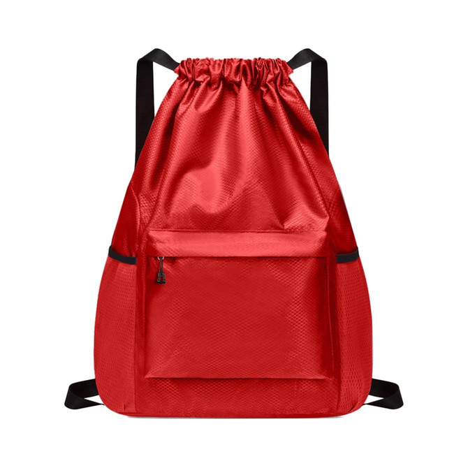 A red multi-pocket drawstring backpack with a front zip pocket and black straps. It has a simple design and a logo.